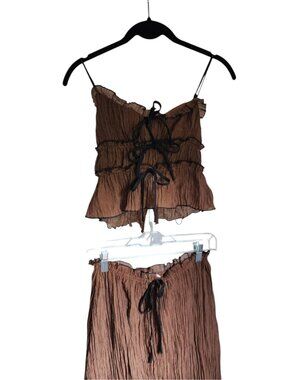 12th Tribe Brown Two Piece Crinkle Skirt Set Sheer Cami Crop Top & Maxi Skirt S